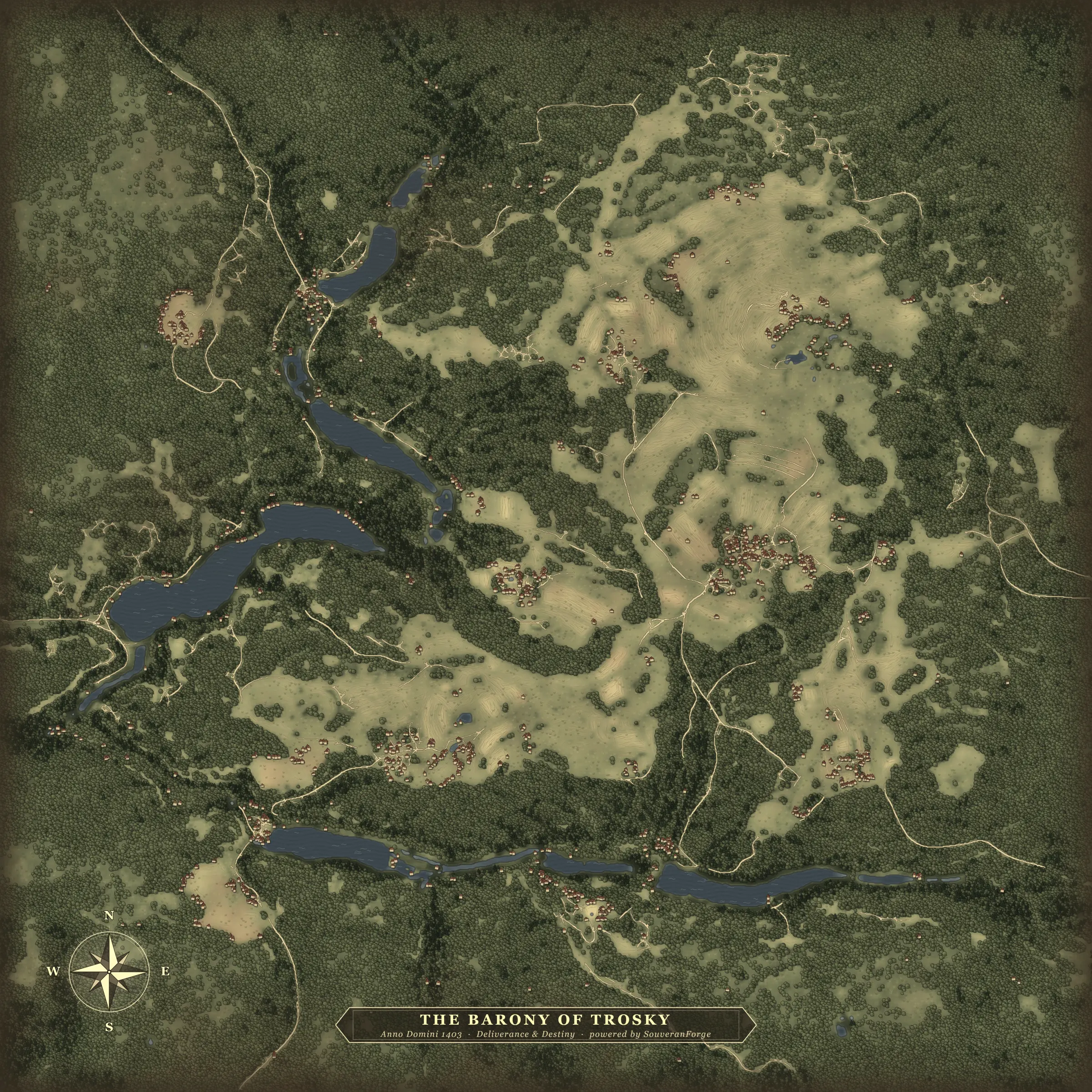 The hand-drawn map of the barony of Trosky: forests, fields, lakes, roads and villages