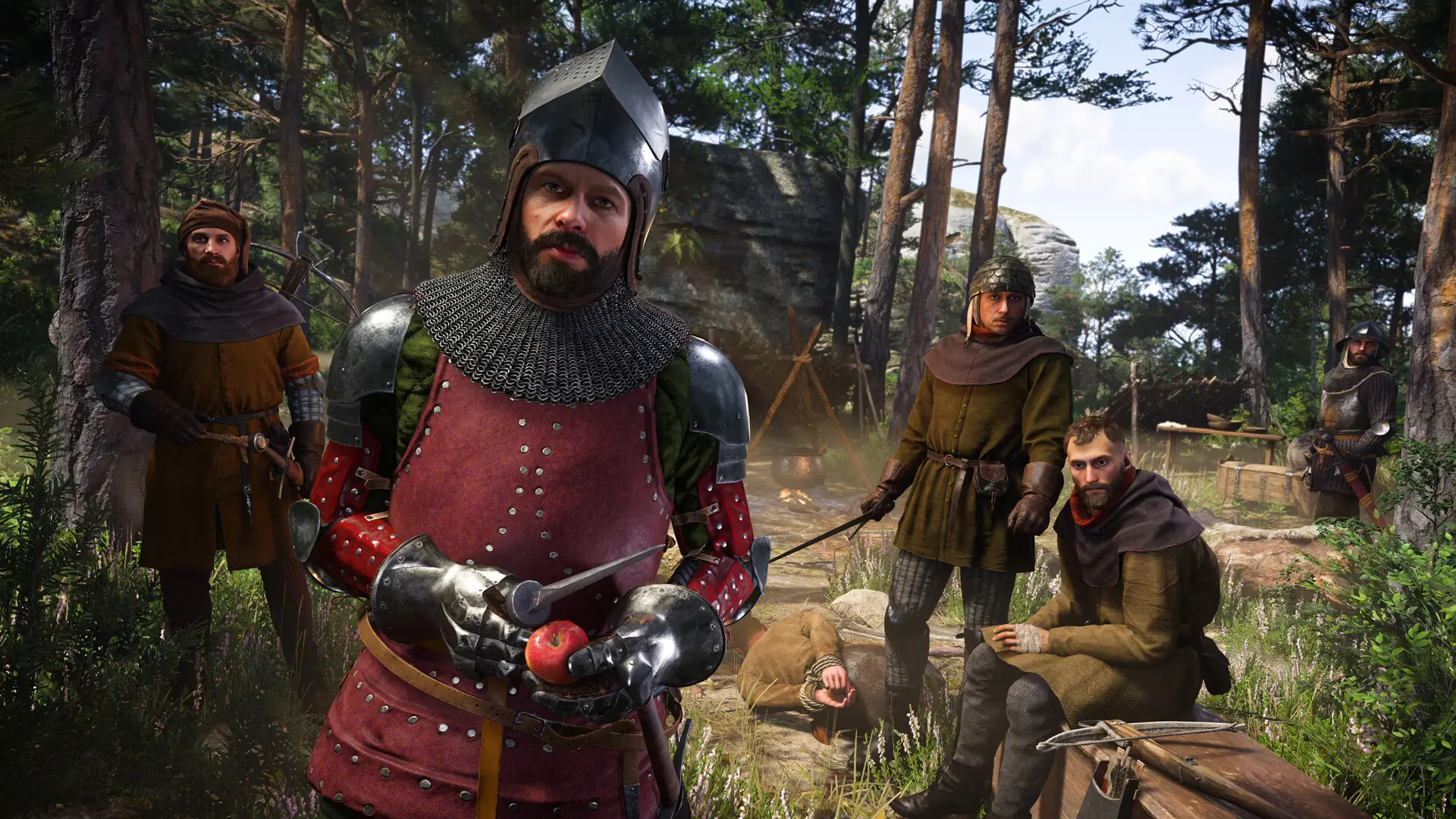 Men-at-arms gathered in a forest clearing