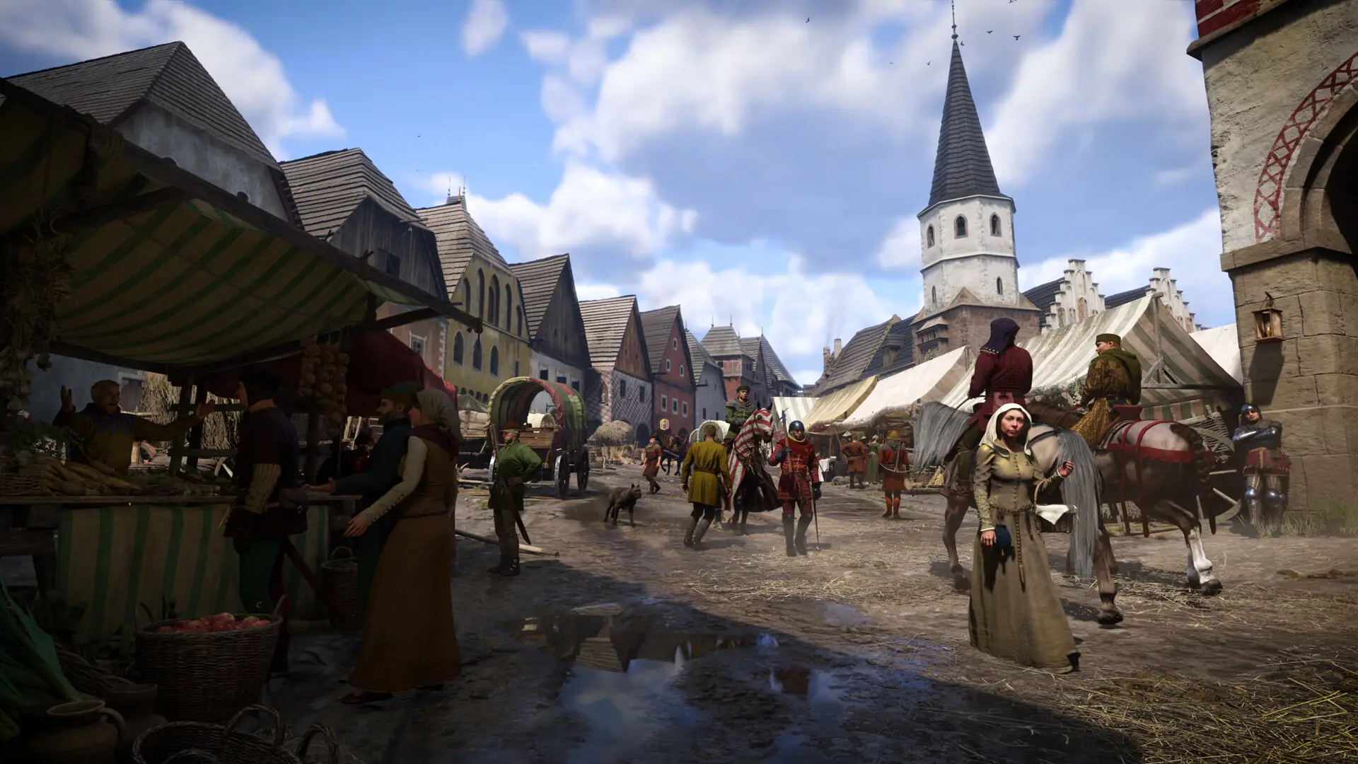 A busy market street beneath a church spire
